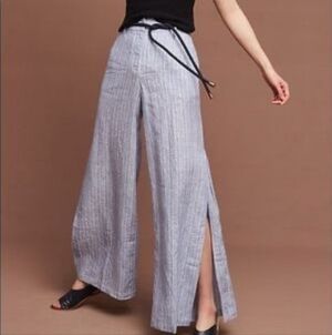 Anthropologie Elevenses Stripe Linen Blue Whte Palazzo Wide-Leg Split Pants 14